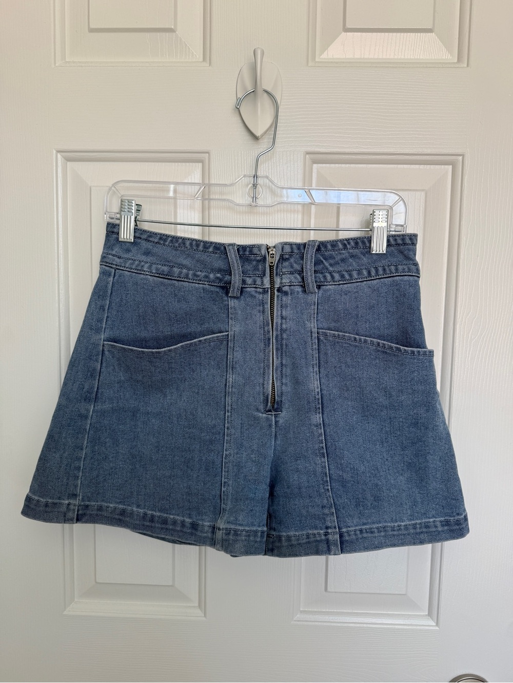 Dear John Mid-Rise Blue Denim Short Skirt with Front Zip